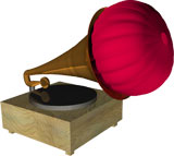 an antique phonograph with a hot air balloon comicly protruding
			from its horn